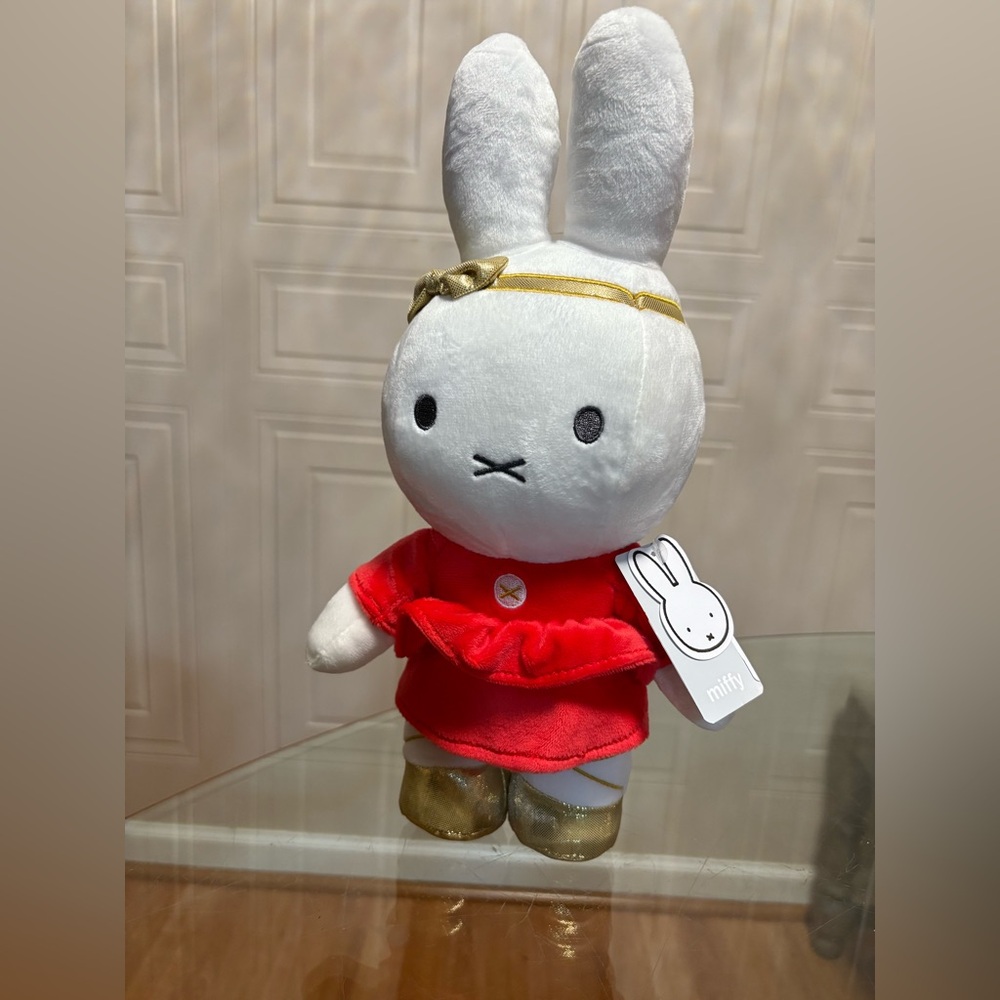 Plush Miffy Christmas Red Dress Gold Shoes and Gold Bow Headband 13"